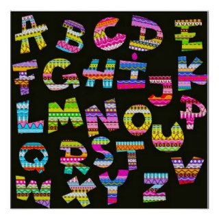 Alphabet letters colourful black patterns fun part poster