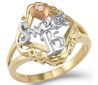14k Tri Color Gold Sweet 15 Birthday Quinceanera Ring Right Hand Rings Jewelry