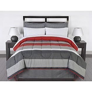Black Gray Red Stripes Boys Teen Full Comforter Set (8 Piece Bed In A Bag)   Black And Red Comforter Full Set