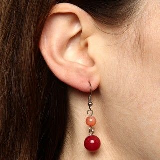 Crystale Silvertone Red Jade and Coral Bead Drop Earrings Crystale Gemstone Earrings