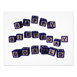 Happy Birthday Donald toy blocks in blue. Personalized Invitation