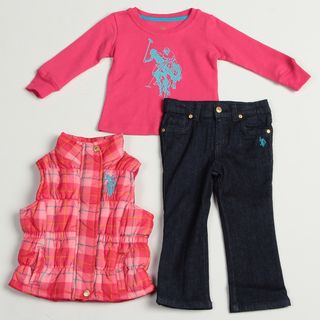 US Polo Toddler Girl's 3 piece Shirt, Plaid Vest and Denim Pant Set FINAL SALE US Polo Girls' Sets