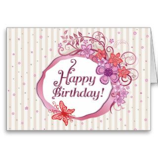 Pink flowers and butterfly retro birthday card