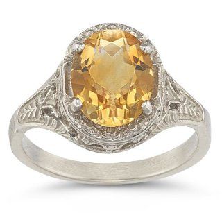Victorian Floral Oval Citrine Ring in 14K White Gold Jewelry