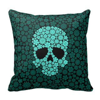 Teal Blue Wild Flowers Skull Pillow