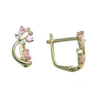 14K Yellow Gold Pink and Clear Cubic Zirconia Dragonfly Earrings Hoop Earrings Jewelry