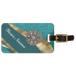 Teal green floral damask tags for luggage