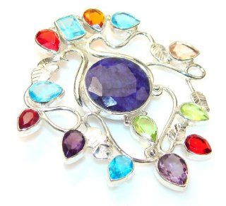 Created Sapphire Women's Silver Pendant 21.40g (color navy blue, dim. 2 5/8, 2 3/8, 1/4 inch). Created Sapphire, Created Blue Topaz, Garnet, Amethyst, Created Golden Topaz, Peridot, Honey Quartz Crafted in 925 Sterling Silver only ONE pendant availab