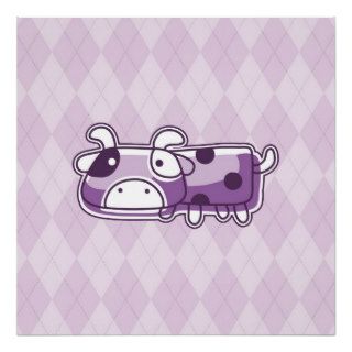 Cow on Purple Argyle Background Print