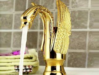 High Quality Solid Brass Single Handle Gold Plated Swan Bathroom Lavatory Vanity Vessel Sink Faucet   Touch On Bathroom Sink Faucets  