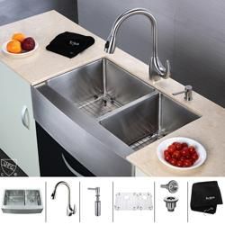 Kraus Kitchen Combo Set Stainless Steel Farmhouse Double Sink/Faucet Kraus Sink & Faucet Sets
