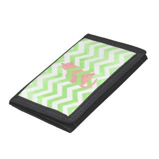 Whimsical Coral Cat on Lime Green Chevron Pattern Wallets