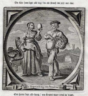 Antique Emblem Satire Proverb Print FALSE APPEARANCE OSTRICH EGG Venne Cats 1655   Printmaking Prints