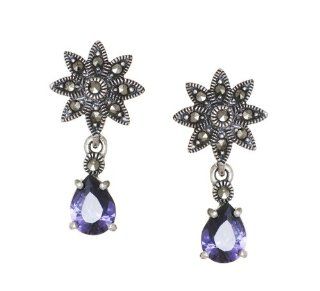 .925 Stylish Sterling Silver Dangle Earrings w/Marcasite and Purple CZ. Jewelry