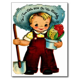 Little Boy Gardener   Retro Happy Birthday Postcard