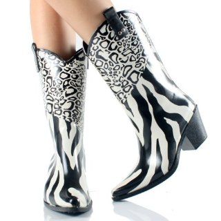 Black & White Leopard Zebra Cheetah Print Ladies Western Cowboy Rubber Rain Boots Size 8  Other Products  