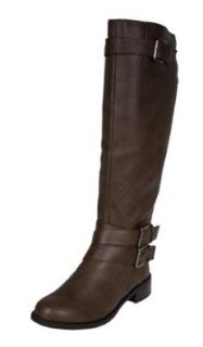 Doric By Soda Knee high Flat Riding Boots with Buckle and Strap Adornments and Side Zipper, dark tan leatherette, 5.5 M Shoes