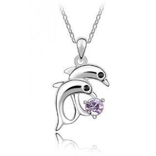Elegant Light Purple Crystal Twin Dolphins Pendant Necklace 588 Jewelry