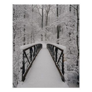 A view of a snow covered bridge in the woods. poster