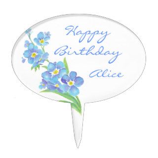 Custom Greeting, Name Forget me not Flowers Blue Oval Cake Picks