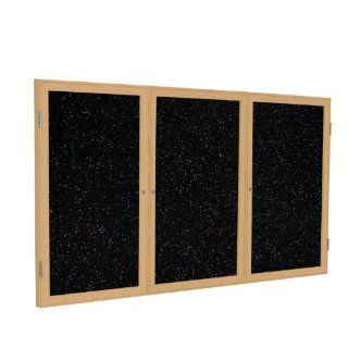 3 Door Wood Frame Enclosed Recycled Rubber Tackboard Surface Color Tan Speckled, Size 48" H x 72" W x 2.25" D, Frame Finish Oak 