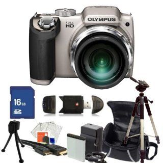 Olympus SP 720UZ Digital Camera (Silver) Kit. Includes 16GB Memory Card, High Speed Card Reader, Extended Life Replacement Battery, AC/DC Rapid Charger, Mini HDMI Cable, Tripod, Carrying Case & Starter Kit  Digital Slr Camera Bundles  Camera & P