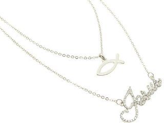 Silvertone Double Stranded Crystal Stone Paved Jesus Fish Necklace  Other Products  