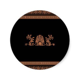 Ancient Greek Style Black and Orange Floral Design Round Stickers