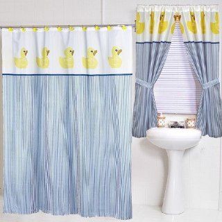 Yellow Duck Ducky Themed Fabric Shower Curtain Blue Yellow Striped Cute Brand New 70"W X 72" L  