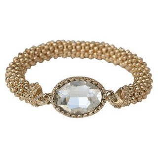 Satin Textured Rondelles with Oval Crystal Stretch Bracelet   Gold