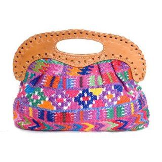 Recycled Huipile Bag with Tooled Leather Handle   Geometric   Fair Trade   Top Handle Handbags