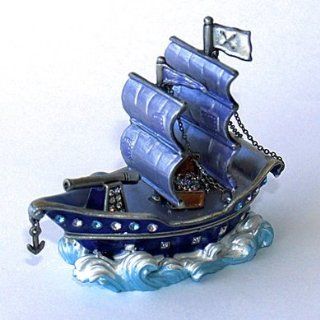 Pirate Ship Box Swarovski Crystals Boat Figurine Jewelry, Trinket or Pill Box Purple Clipper Flag Sparkling Collectibles Jewelry