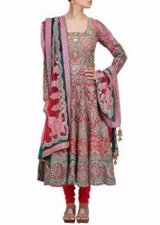 An elegant and eye catching red anarkali dress with embroidery all over it by Kalki Clothing