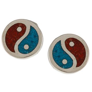 Southwest Moon Silvertone Turquoise and Coral Inlay Yin yang Earrings Southwest Moon Gemstone Earrings