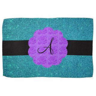 Turquoise glitter purple roses monogram hand towels