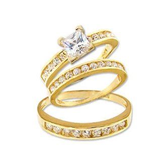 14k Yellow Gold, Trio Three Piece Wedding Ring Set Princess Lab Created Gems Jewelry