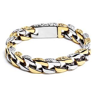 Two tone Stainless Steel Antiqued Curb Chain Link Bracelet   8 Inches Jewelry