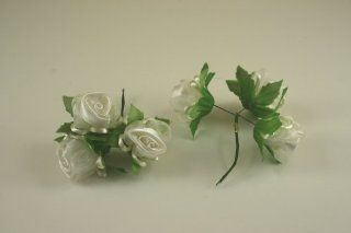 36 Small Single Ivory Satin Swirl Roses with Organza & Rat tail Trim with Green Leaves