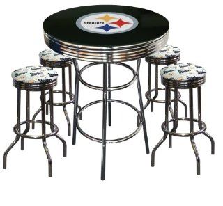 5 Piece Pittsburgh Steelers Logo Chrome Finish Black Pub Table w/ 4 Bar Stools   Home Bars