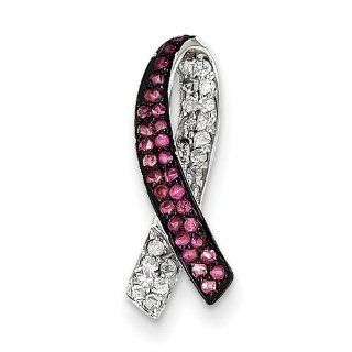 14k White Gold Diamond/Pink Sapphire Breast Cancer Awareness Ribbon Slide 0.34ct Jewelry