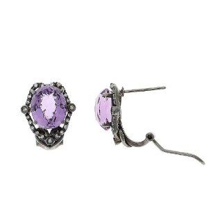 8.12CTW 14K White Gold Black Rhodium Genuine Natural Amethyst and Diamond French Clip Earrings Jewelry
