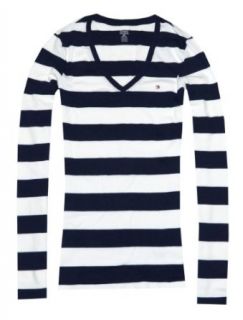 Tommy Hilfiger Women Striped Long Sleeve V neck T shirt (M, Navy/White)