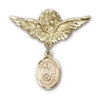 JewelsObsession's 14K Gold Baby Badge with St. William of Rochester Charm and Angel with Wings Badge Pin Jewels Obsession Jewelry