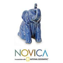 Celadon Ceramic 'Blue Elephant Welcome' Sculpture (Thailand) Novica Statues & Sculptures
