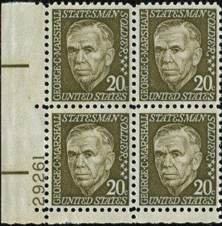 GEORGE C MARSHALL ~ MARSHALL PLAN ~ CHIEF OF STAFF ~ SECRETARY OF STATE ~ SECRETARY OF DEFENSE ~ WWI ~ WWII #1289 Plate Block of 4 x 20 US Postage Stamps 
