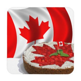 Canadian Flag with Cherry Maple Leaf Cake Beverage Coasters