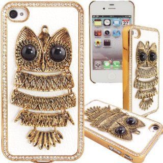 WwWSuppliers 3D Case for Apple iPhone 4 4G 4S White PU Leather & Gold Trim Bling Rhinestones Hard Cover + Front/Back Screen Protectors Cell Phones & Accessories