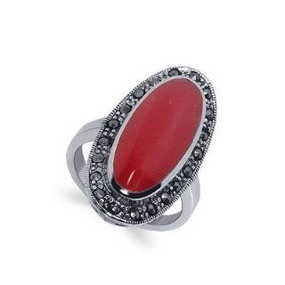 Sterling Silver Oval 24mm x 10mm Simulated Coral Polish Finish 4mm Marcasite Band Ring Size 5 to 10 Jewelry