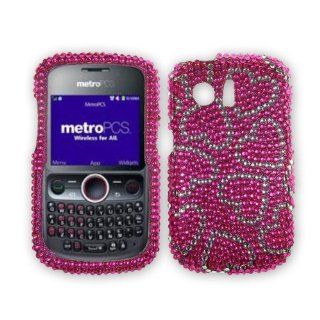 Hot Pink With Hearts Protector Skin Cover (Faceplate/Snap On) Full Rhinestones Diamond Bling for For Huawei Pinnacle M635 (Metropcs), Huawei M615 Pillar 