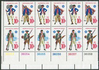 EARLY AMERICAN MILITARY UNIFORMS ~ CONTINENTAL MARINES ~ AMERICAN MILITIA ~ CONTINENTAL ARMY ~ CONTINENTAL NAVY #1568a Plate Block of 12 x 10 US Postage Stamps 